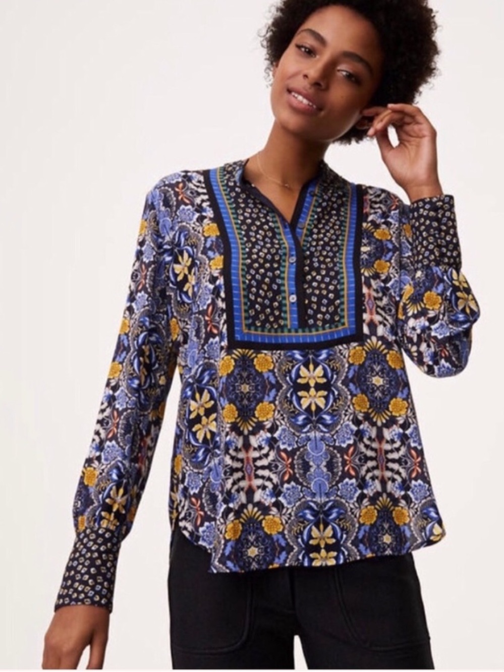 LOFT Blue and Yellow Floral Henley Tunic Long Sleeve Buttons Blue Yellow Medium
